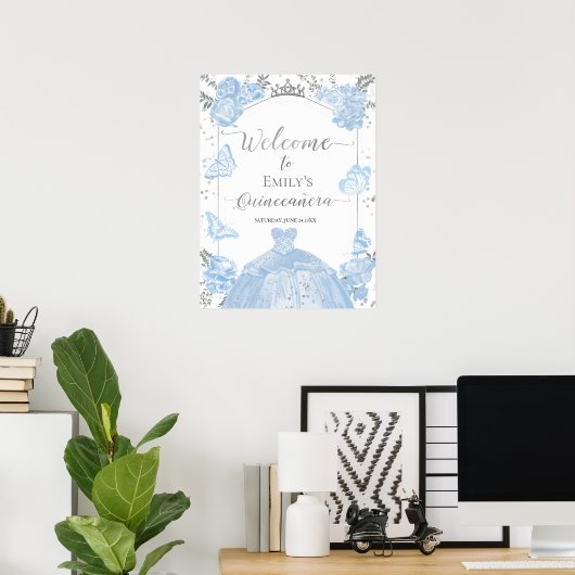 Quinceanera Welkomstbord Stoffige Blauwe Jurk Bloe Poster (Thuiskantoor)