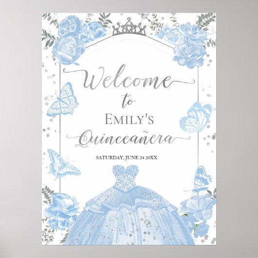 Quinceanera Welkomstbord Stoffige Blauwe Jurk Bloe Poster (Voorkant)