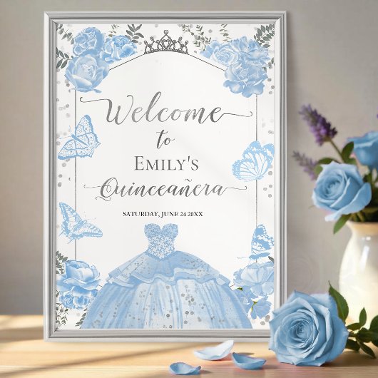 Quinceanera Welkomstbord Stoffige Blauwe Jurk Bloe Poster