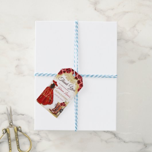 Quinceañera Western rood goud Charra bloemlaarzen Cadeaulabel (Met Touw)