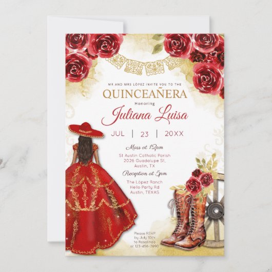 Quinceañera Western rood goud Charra bloemlaarzen Kaart (Voorkant)