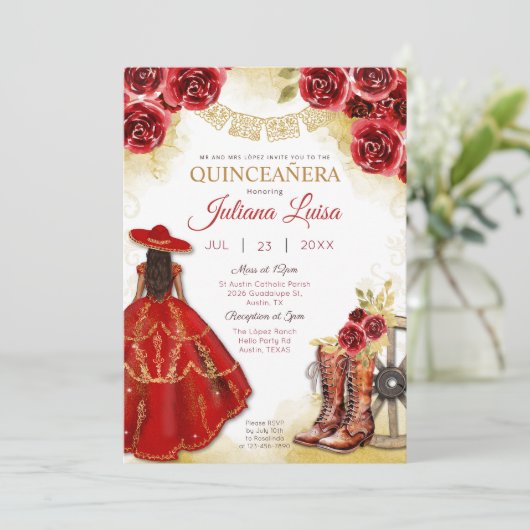 Quinceañera Western rood goud Charra bloemlaarzen Kaart (Staand voorkant)