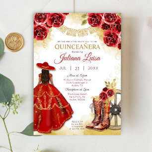 Quinceañera Western rood goud Charra bloemlaarzen Kaart