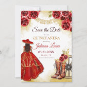 Quinceañera Western rood goud Charra bloemlaarzen Save The Date (Voorkant)