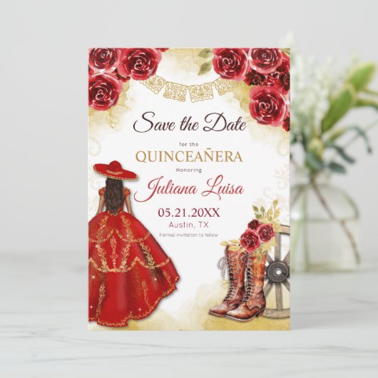 Quinceañera Western rood goud Charra bloemlaarzen Save The Date (Staand voorkant)