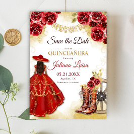 Quinceañera Western rood goud Charra bloemlaarzen Save The Date