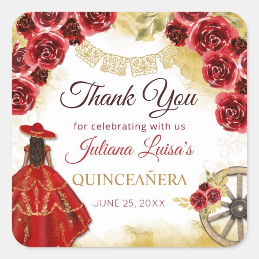 Quinceañera Western rood goud Charra bloemlaarzen Vierkante Sticker (Voorkant)