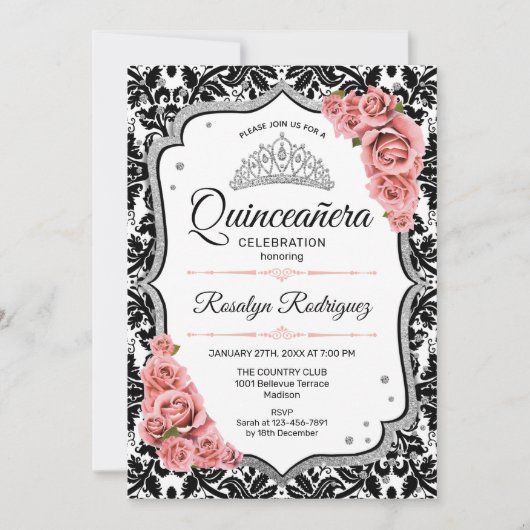 Quinceanera - White Black Damask Blush Pink Kaart (Voorkant)