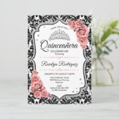 Quinceanera - White Black Damask Blush Pink Kaart (Staand voorkant)