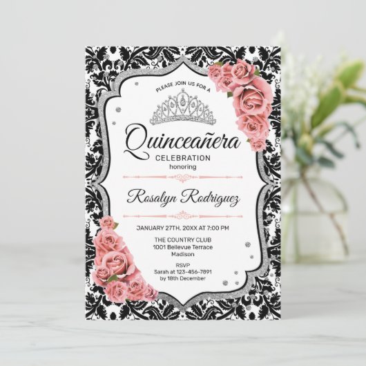 Quinceanera - White Black Damask Blush Pink Kaart (Staand voorkant)