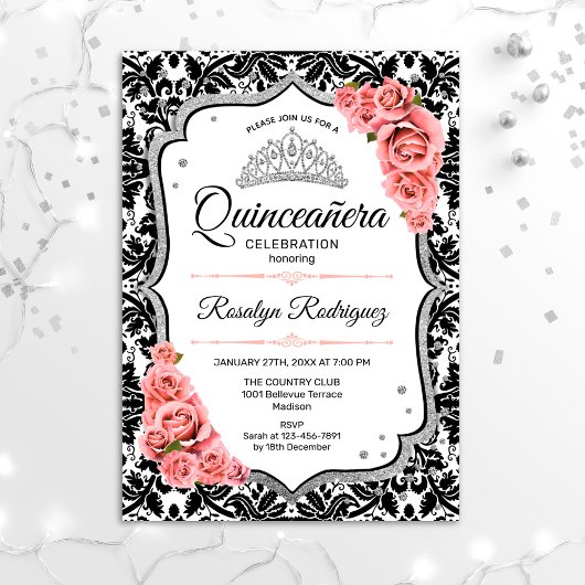 Quinceanera - White Black Damask Blush Pink Kaart