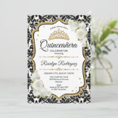 Quinceanera - White Black Damask Gold Kaart (Staand voorkant)