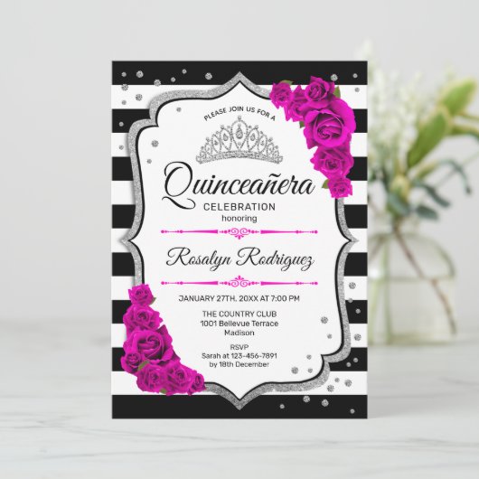 Quinceanera - White Black Pink Silver Kaart (Staand voorkant)