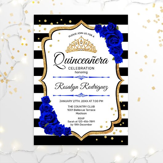 Quinceanera - White Black Royal Blue Gold Kaart