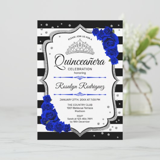 Quinceanera - White Black Royal Blue Silver Kaart (Staand voorkant)