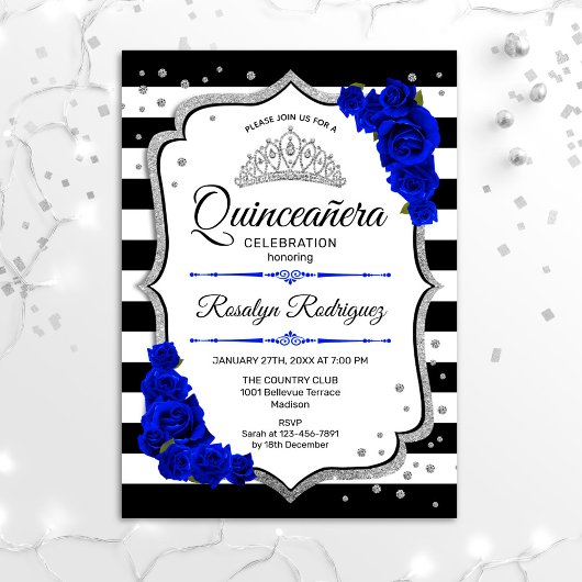 Quinceanera - White Black Royal Blue Silver Kaart