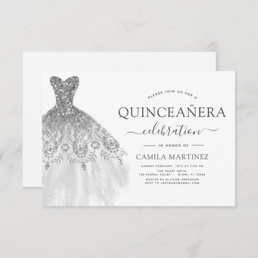 Quinceanera White en Silver Glitter Sparkle Kaart (Voorkant / Achterkant)