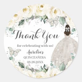 Quinceañera White Floral Princess Butterfly Silver Ronde Sticker