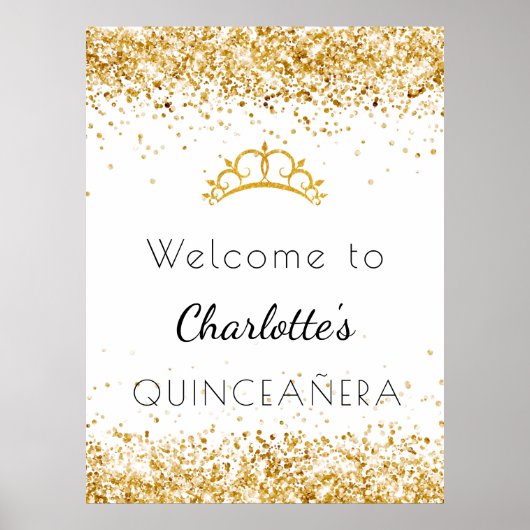 Quinceanera white glitter stof tiara welkom poster (Voorkant)