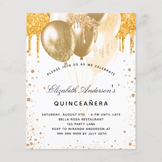 Quinceanera white gold ballonnen budget uitnodigin flyer (Voorkant)