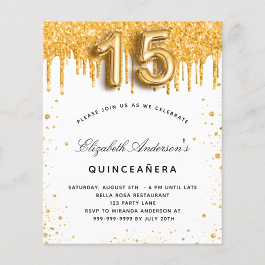 Quinceanera white gold budget uitnodiging flyer (Voorkant)