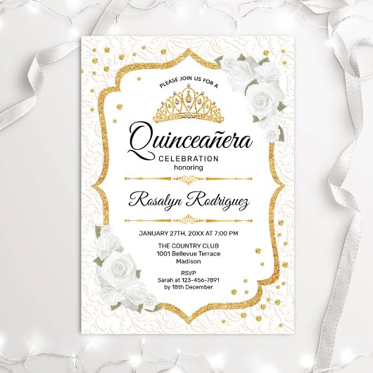 Quinceanera - White Gold Floral Kaart