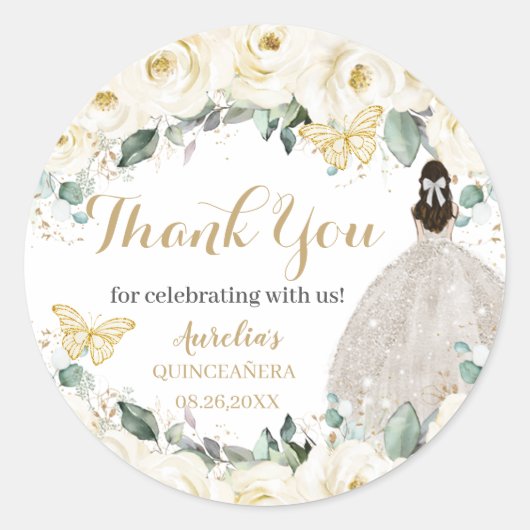 Quinceañera White Gold Floral Princess Butterflies Ronde Sticker (Voorkant)