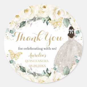 Quinceañera White Gold Floral Princess Butterflies Ronde Sticker