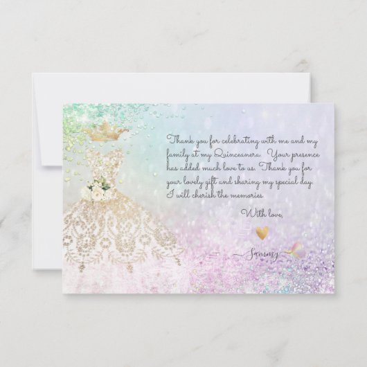 Quinceanera White Gold Glitter Gown Pastel Bedankkaart (Achterkant)
