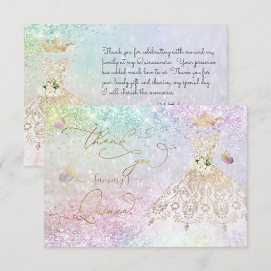 Quinceanera White Gold Glitter Gown Pastel Bedankkaart (Voorkant / Achterkant)