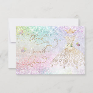 Quinceanera White Gold Glitter Gown Pastel Bedankkaart