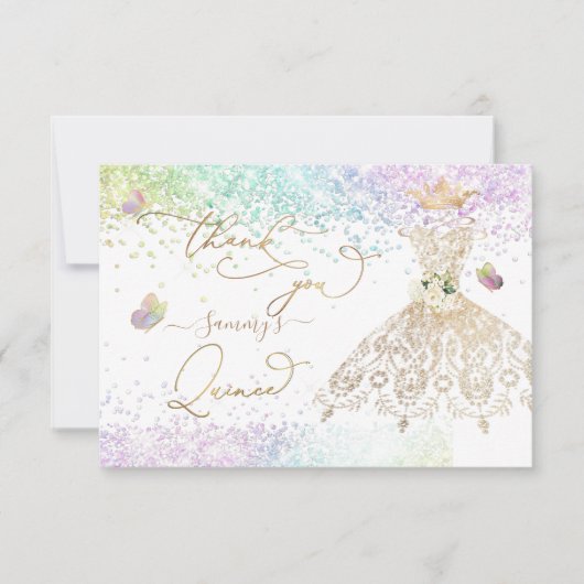 Quinceanera White Gold Glitter Gown Pastel Harteli Bedankkaart (Voorkant)