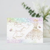 Quinceanera White Gold Glitter Gown Pastel Harteli Bedankkaart (Staand voorkant)