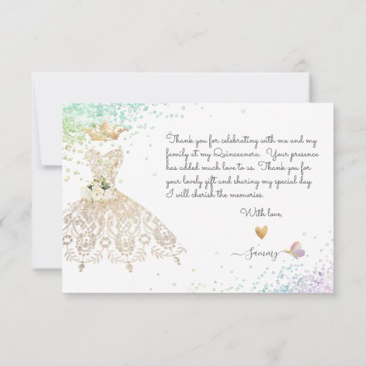 Quinceanera White Gold Glitter Gown Pastel Harteli Bedankkaart (Achterkant)