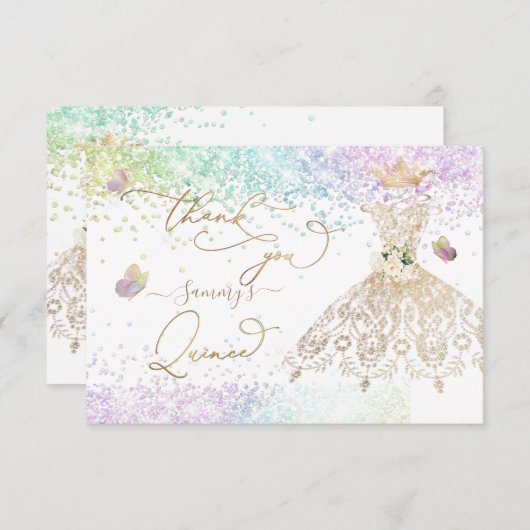 Quinceanera White Gold Glitter Gown Pastel Harteli Bedankkaart (Voorkant / Achterkant)