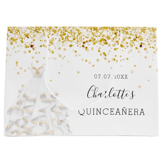 Quinceanera white gold glitter-stofjurk groot cadeauzakje (Voorkant)