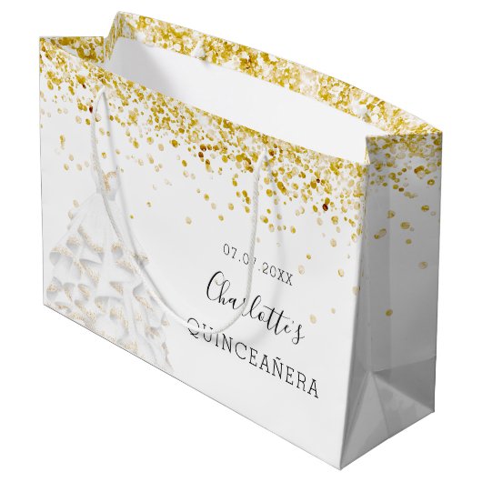 Quinceanera white gold glitter-stofjurk groot cadeauzakje (Achterkant Gekanteld)