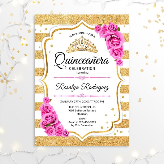 Quinceanera - White Gold Pastel Pink Kaart