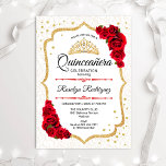 Quinceanera - White Gold Red Roses Kaart<br><div class="desc">Quinceanera Party Invitation. Elegant ontwerp in wit,  rood en goud. Kenmerken scriptlettertype,  rode rozen,  tiara en confetti. Classy design met faux glitter Gold foil. Ideaal voor een stijlvolle glam viering.</div>