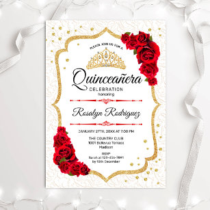 Quinceanera - White Gold Red Roses Kaart