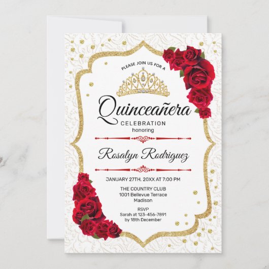 Quinceanera - White Gold Red Roses Kaart (Voorkant)
