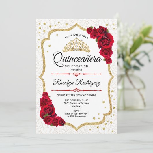 Quinceanera - White Gold Red Roses Kaart (Staand voorkant)