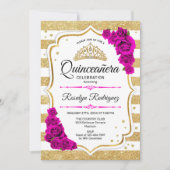 Quinceanera - White Gold Stripes Pink Kaart (Voorkant)