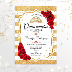 Quinceanera - White Gold Stripes Red Kaart