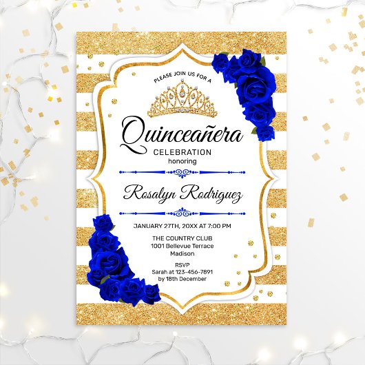 Quinceanera - White Gold Stripes Royal Blue Kaart