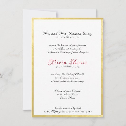 Quinceanera White Lace Red Roses op goud Kaart (Achterkant)