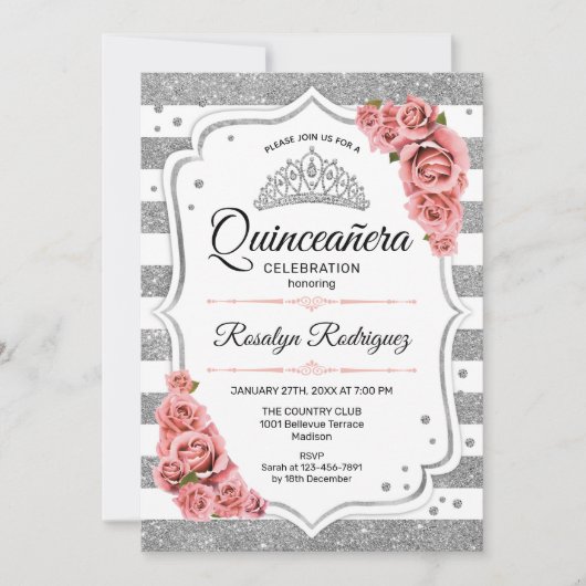 Quinceanera - White Silver Blush Pink Kaart (Voorkant)