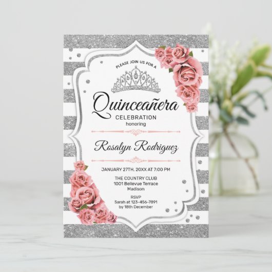 Quinceanera - White Silver Blush Pink Kaart (Staand voorkant)