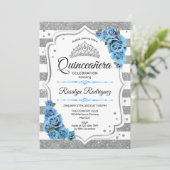 Quinceanera - White Silver Stripes Blue Kaart (Staand voorkant)