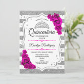 Quinceanera - White Silver Stripes Hot Pink Kaart (Staand voorkant)